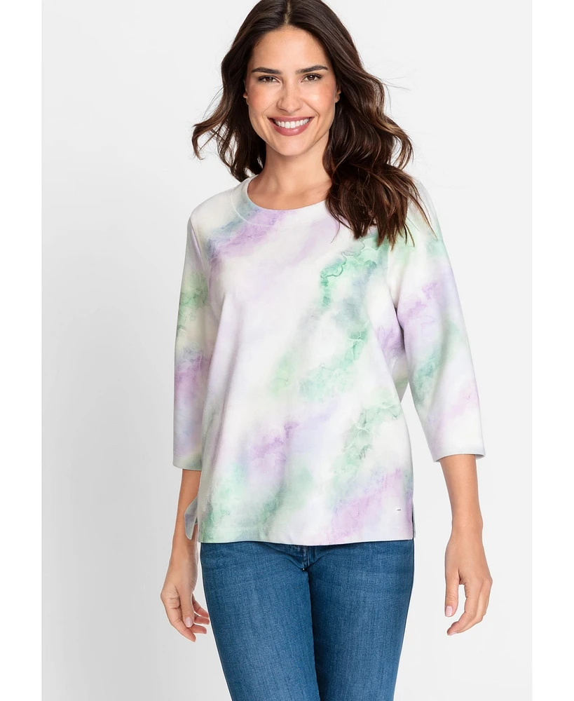 Olsen Women's 3/4 Sleeve Watercolor Jersey Top