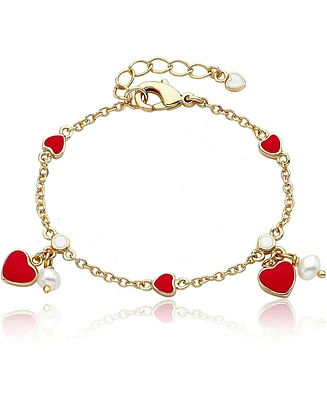 GiGiGirl 14k Yellow Gold Plated with Red Enamel Heart and pearl Dangle Charm Bracelet for Toddler/Kids