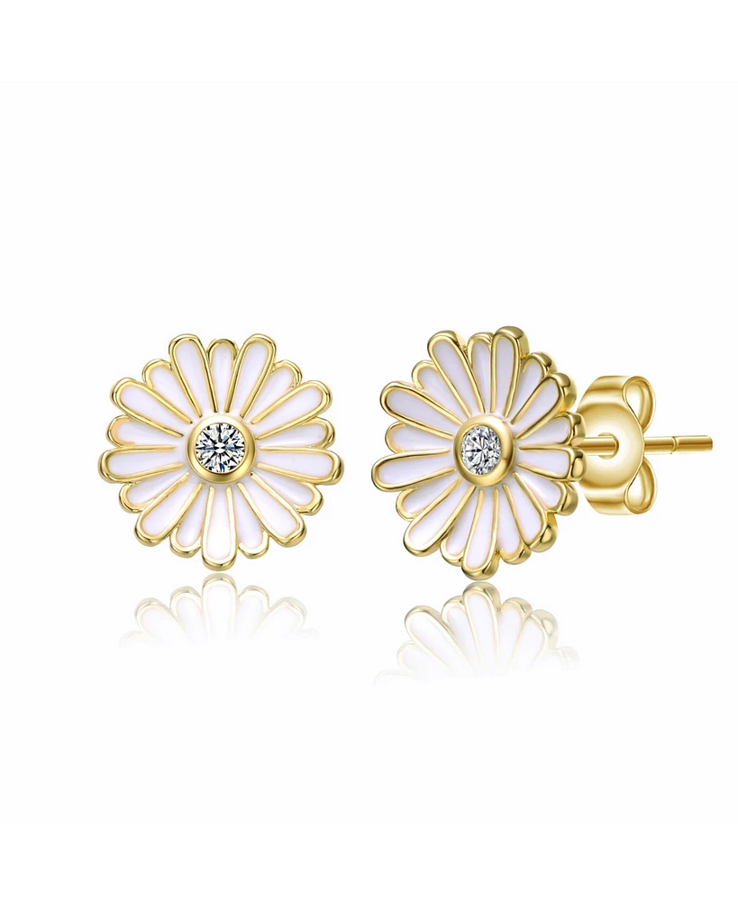 GiGiGirl Teens 14k Yellow Gold Plated with Cubic Zirconia White Enamel Blooming Daisy Flower Stud Earrings