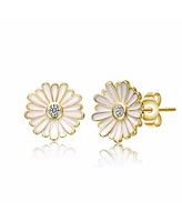 GiGiGirl Teens 14k Yellow Gold Plated with Cubic Zirconia White Enamel Blooming Daisy Flower Stud Earrings