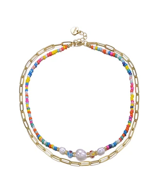 GiGiGirl 14k Yellow Gold Plated Multi-Color Beads Bracelet with Freshwater Pearls and an Outer Link Chain for Kids