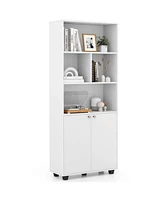 Costway 66" Tall Home 5 Tier Free Standing Bookshelf 2-Door Storage Cabinet Display Rack