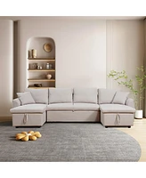 Simplie Fun U-Shape Pullout Sleeper Sectional Sofa With Double Storage Spaces, Beige