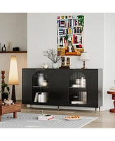 Streamdale Furniture Black Lacquered Wooden Accent Cabinet with Glass Doors, 4-Door Storage Buffet