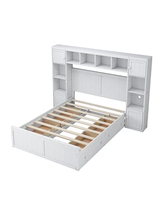 Simplie Fun Elegant And Functional Full Size Wood Bed With 4 Drawers And All-In-One Cabinet And Shelf, White