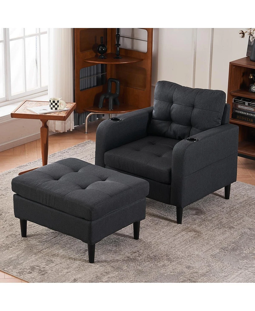 Streamdale Furniture Dark Gray Armchair and Ottoman Set - Comfortable Single Sofa with Cup Holders, Ideal for Living Room