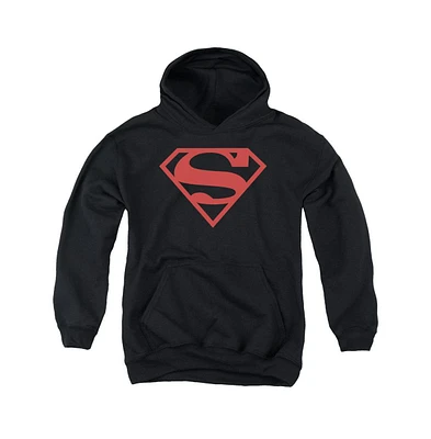 Superman Boys Youth Red On Black Shield Pull Over Hoodie / Hooded Sweatshirt