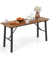 Gymax Patio Folding Picnic Table Acacia Wood Dining Table w/ Metal Frame