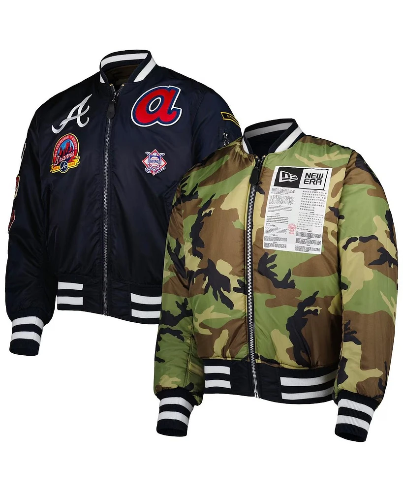 New Era Men's x Alpha Industries Navy/Camo Atlanta Braves Reversible Full-Zip Bomber Jacket