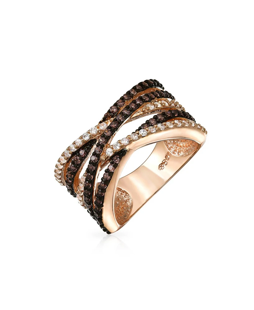 Bling Jewelry Crossover Statement Criss Cross Two Tone Brown Coffee Pave Cz Band Ring For Women Rose Gold Plated Brass