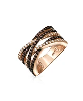 Bling Jewelry Crossover Statement Criss Cross Two Tone Brown Coffee Pave Cz Band Ring For Women Rose Gold Plated Brass