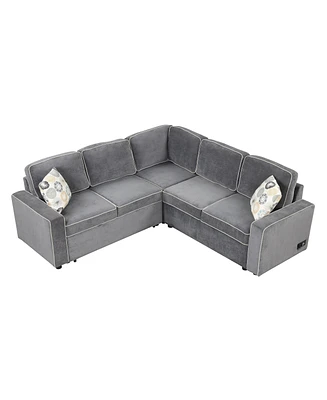 Simplie Fun 83" L-Shaped Pull Out Sofa Bed Convertible Sleeper Sofa With 2 Usb Ports and 3 Pillows