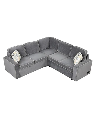 Streamdale Furniture 83" L-Shaped Pull Out Sofa Bed Convertible Sleeper Sofa With 2 Usb Ports and 3 Pillows