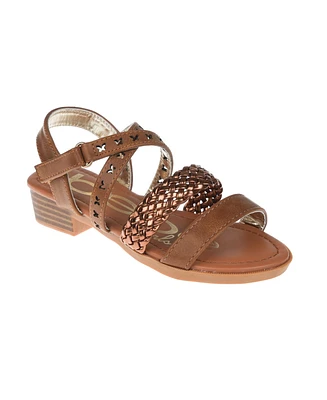 Bebe Big Girl's Stack Heel Sandal with Metallic Weaved Strap and Butterfly Chop Out Polyurethane Sandals