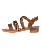 Bebe Big Girl's Stack Heel Sandal with Metallic Weaved Strap and Butterfly Chop Out Polyurethane Sandals