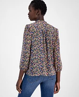 Nautica Jeans Women's Floral-Print Lace-Up Pleated Top