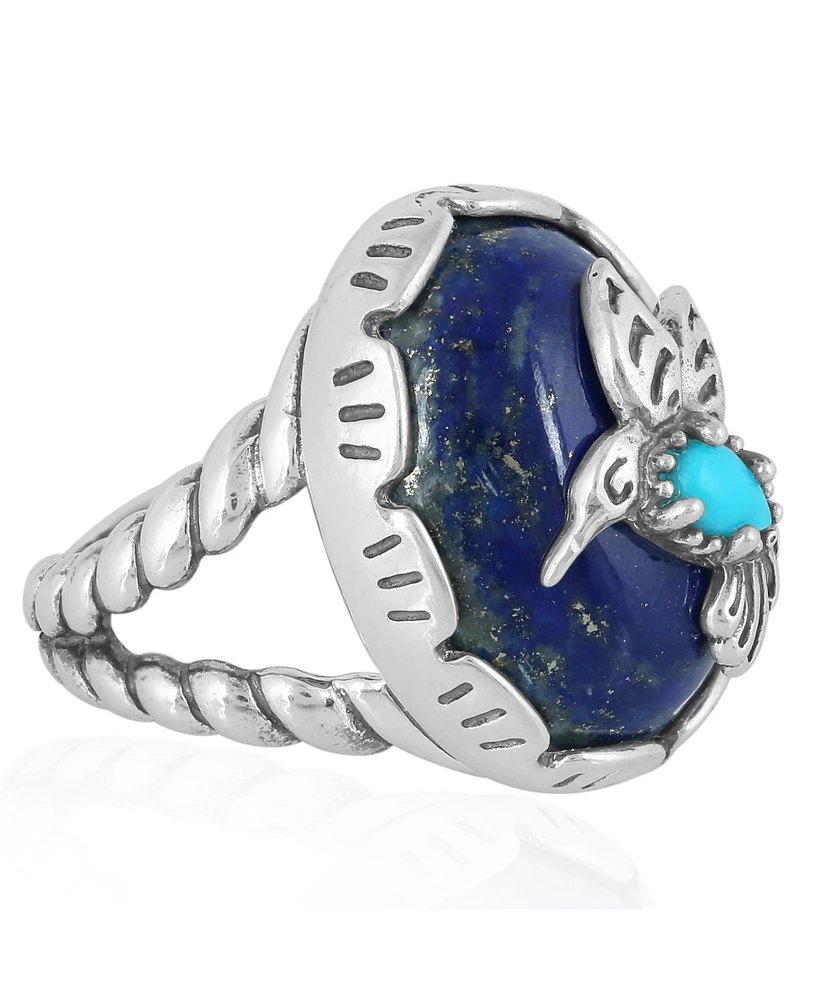 American West Jewelry Sterling Silver Women's Ring, Blue Turquoise and Lapis Lazuli Hummingbird Design, Sizes 5-10