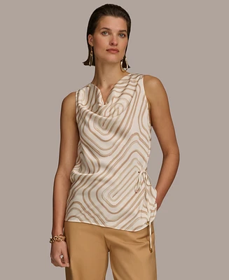 Donna Karan Women's Sleeveless Printed Satin Drape-Neck Blouse