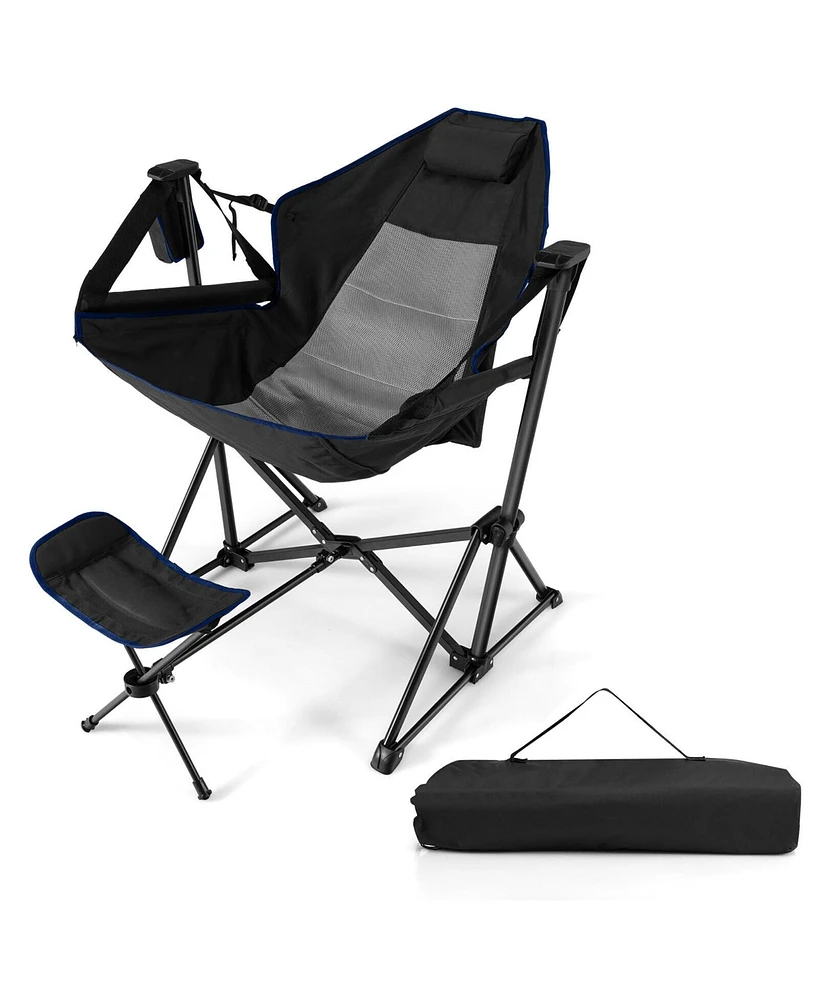 Gymax Hammock Camping Chair w/ Retractable Footrest & Carrying Bag for Picnic Navy