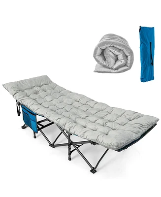 Gymax Wide Foldable Camping Cot Heavy-Duty Steel Sleeping Cot w/Sleeping Mattress Grey