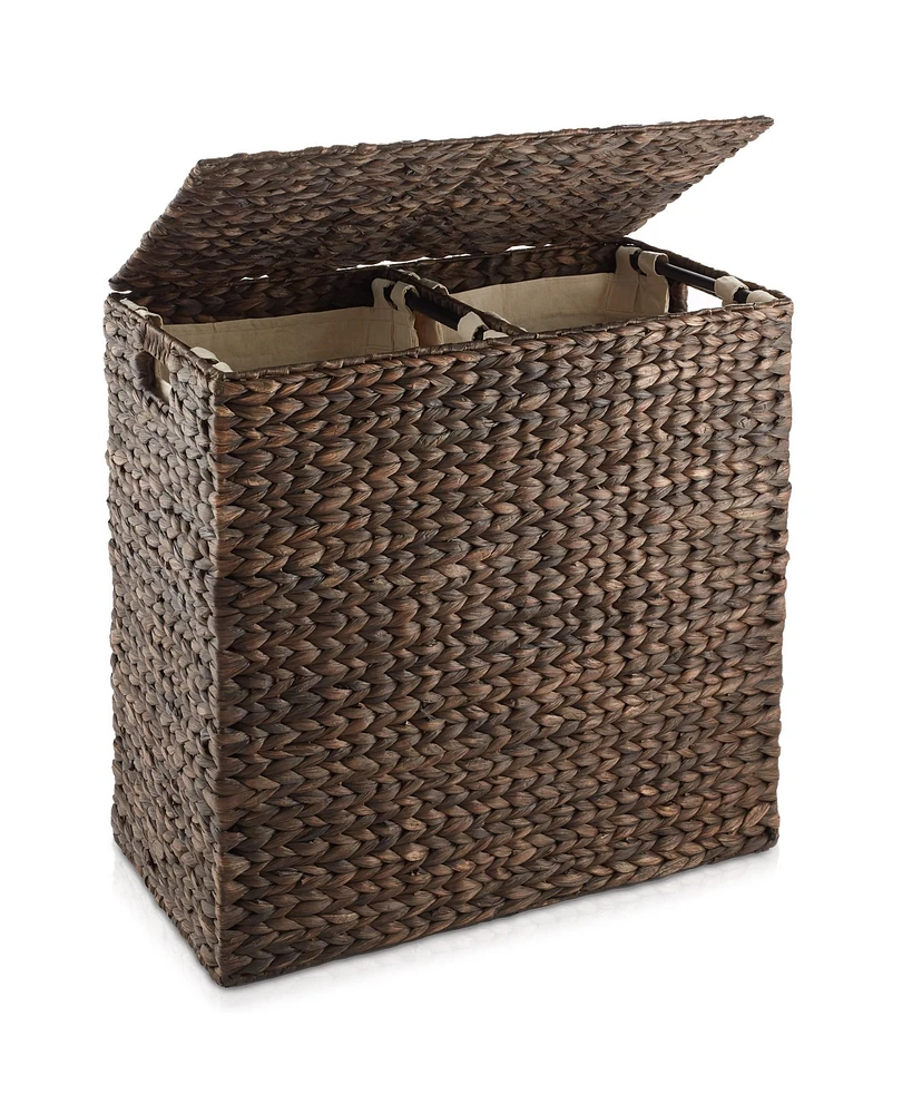 Casafield 2-Section Laundry Hamper with Lid and Removable Liner Bags - Natural, Woven Water Hyacinth Laundry Basket for Clothes