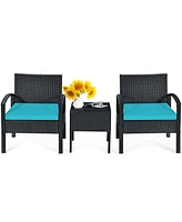 Gymax 3PCS Patio Rattan Conversation Furniture Set Outdoor Yard w/ Turquoise Cushions