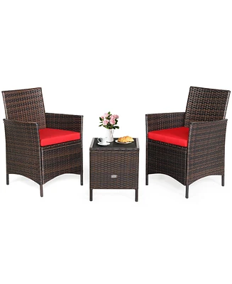 Gymax 3PCS Outdoor Rattan Conversation Set Patio Furniture Set w/ Cushions