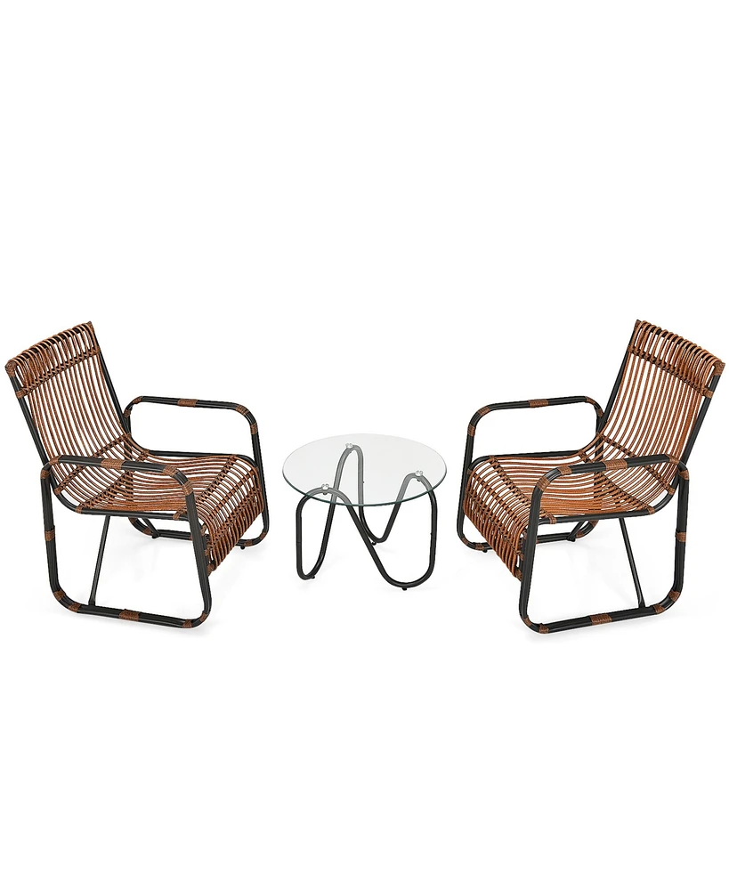 Gymax 3PCS Rattan Patio Conversation Set Bistro Furniture Set w/ Glass Table