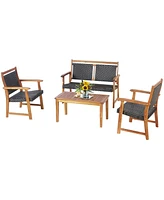 Gymax 4PCS Patio Acacia Wood Conversation Set Outdoor Rattan Furniture Set