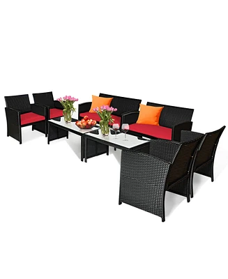 Gymax 8PCS Rattan Outdoor Conversation Set Patio Furniture Set w/ Red Cushions
