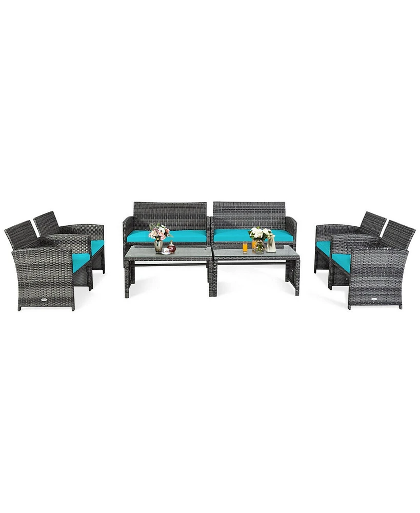 Gymax 8PCS Patio Outdoor Rattan Conversation Furniture Set w/ Turquoise Cushion