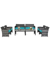 Gymax 8PCS Patio Outdoor Rattan Conversation Furniture Set w/ Turquoise Cushion