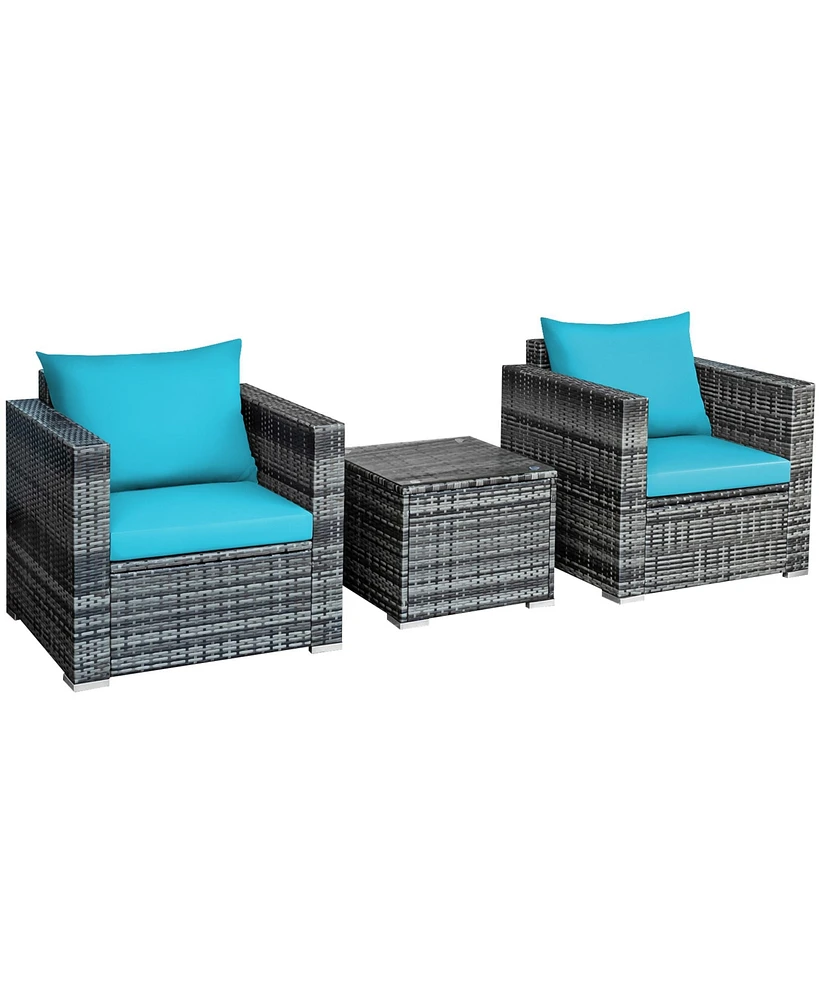 Gymax 3PCS Rattan Patio Conversation Furniture Set Outdoor Yard w/ Turquoise Cushion