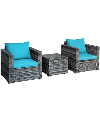 Gymax 3PCS Rattan Patio Conversation Furniture Set Outdoor Yard w/ Turquoise Cushion