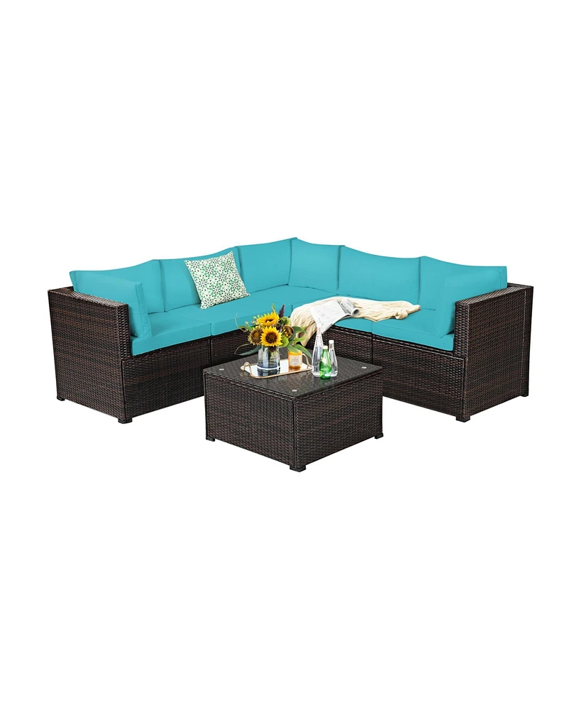 Gymax 6PCS Rattan Patio Sectional Sofa Conversation Set Outdoor w/ Turquoise Cushions