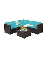 Gymax 6PCS Rattan Patio Sectional Sofa Conversation Set Outdoor w/ Turquoise Cushions