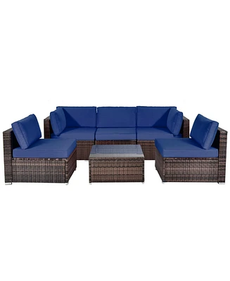 Gymax 6PCS Rattan Outdoor Sectional Sofa Set Patio Furniture Set w/ Navy Cushions