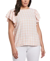 Ella Rafaella Plus Linen Blend Flutter Short Sleeve Top