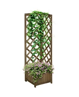 Outsunny Raised Garden Bed, Wooden Planter with Trellis for Vine Climbing