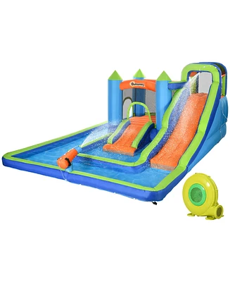 Outsunny 5 in-1 Kids Bounce House with Two Slides, Pool, Trampoline, Climbing Wall, Water Cannon, for 3-8 Years Old