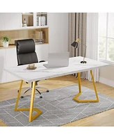 Tribesigns Modern Gold Computer Desk: 55 Inches White and Gold Home Office Desk with Metal Legs, Faux Marble Study Writing Table for Small Spaces, Sim