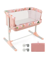 Costway Folding Baby Bassinet Bedside Sleeper with 4 Adjustable Heights, Retractable Feet