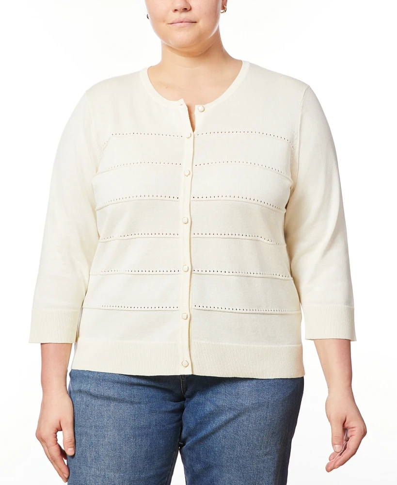 Melissa Paige Plus Size Pointelle Knit 3/4-Sleeve Button Front Cardigan