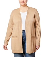 Melissa Paige Plus Cable-Knit-Trim Open-Front Cardigan