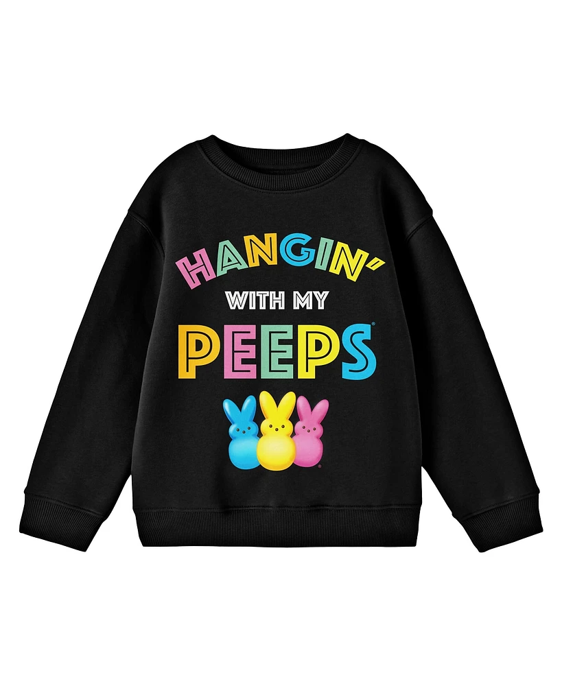 Peeps Boys Multi-color Hangin' With My Striped Text Crew Neck Long Sleeve Black Fleece Youth Sweatshirt