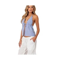 Edikted Women's Madelyn Tie Front Top - Blue-and