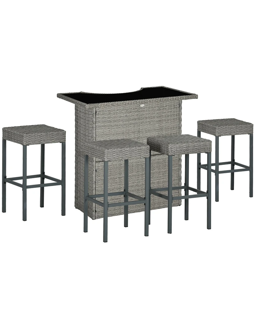 Outsunny 5pc Rattan Wicker Bar Set, High Top Outdoor Table and Chairs, Gray