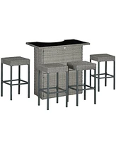 Outsunny 5pc Rattan Wicker Bar Set, High Top Outdoor Table and Chairs, Gray