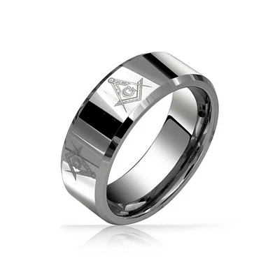 Bling Jewelry Square Compass Freemason Masonic Titanium Wedding Band Ring For Men Polished Silver Tone Comfort Fit 8MM