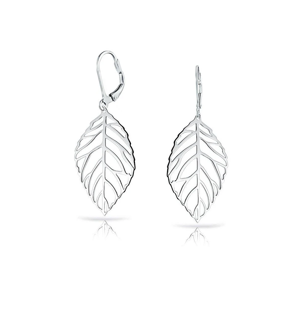 Bling Jewelry Large Nature Style Lightweight Open Leaf Feather Drop Dangle Lever Back Earrings For Women Sterling Silver